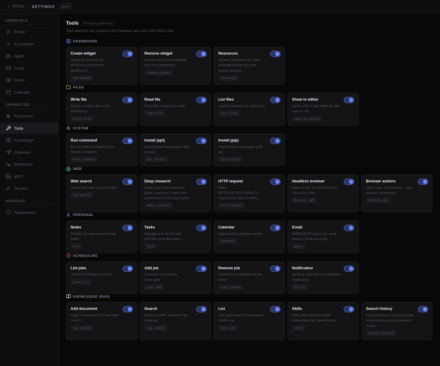 Prism Settings showing built-in tool permissions with demo data