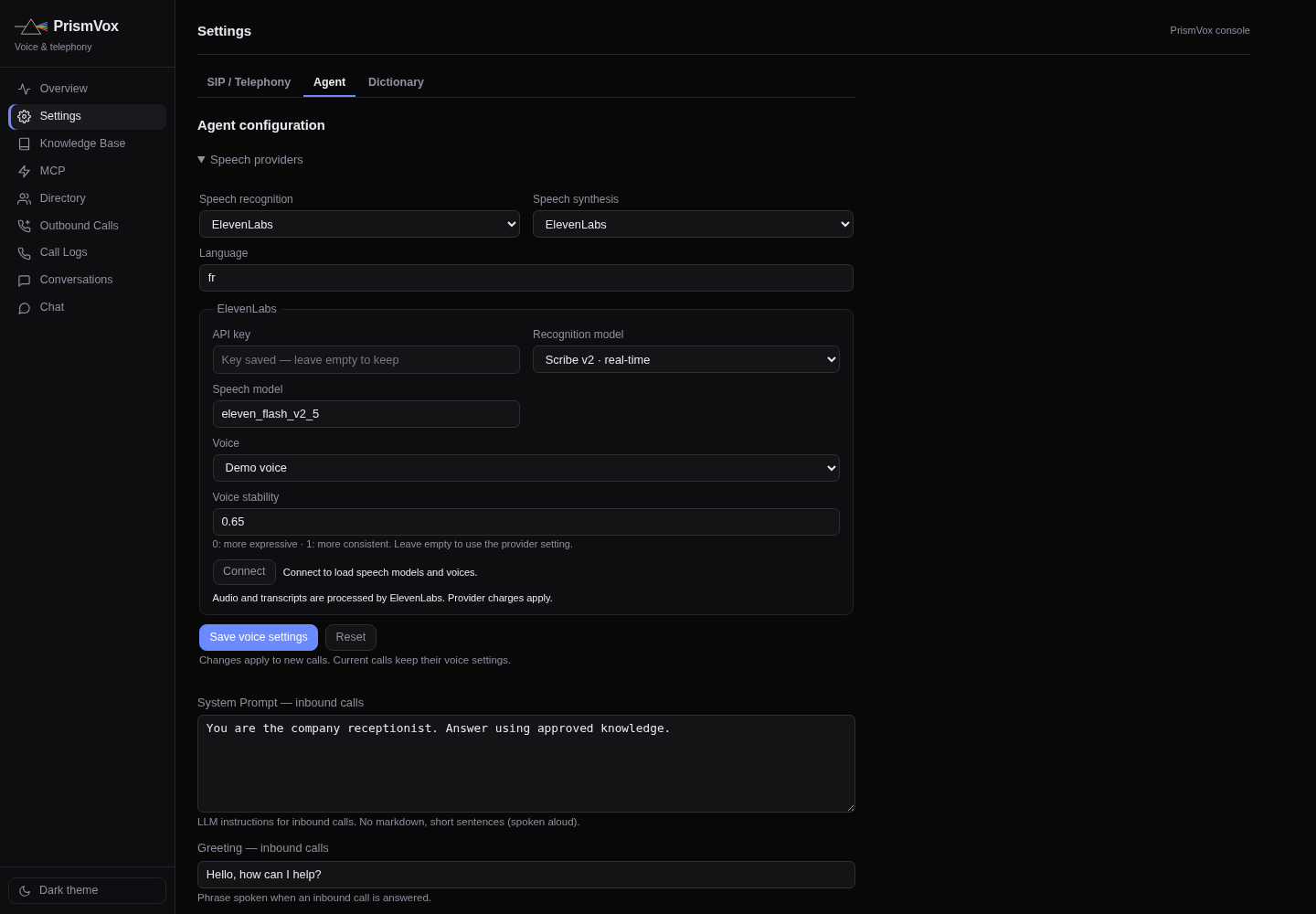 PrismVox speech provider form with demo data
